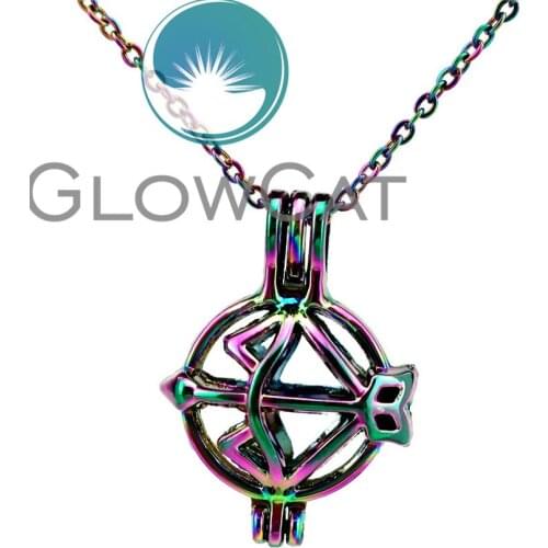 CC496 Rainbow Arrow Bow Round Stone Beads Cage Pendant Essential Oil Diffuser Aromatherapy Pearl Cage Locket Necklace