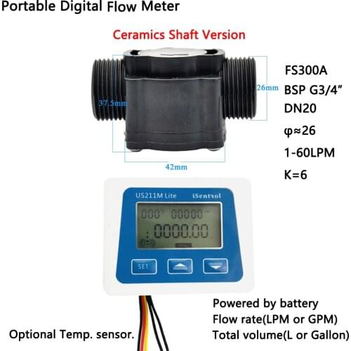 Digital Flow Meter FS300A Ceramics Shaft Version US211M Lite 1-60L/min Water Sensor NO Temperature Sensor Isentrol Zhongjiang