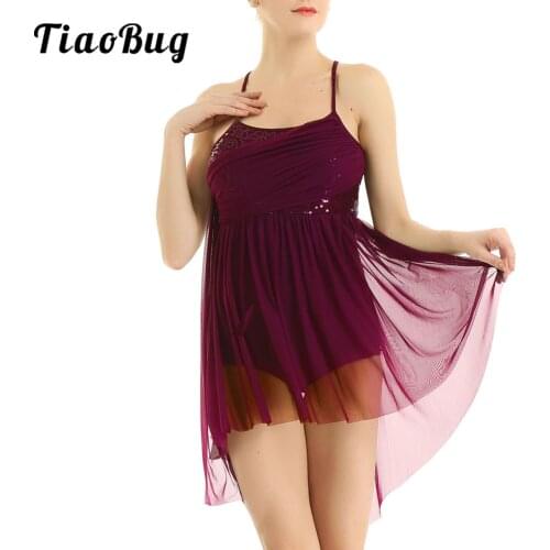 Women Girl Lyrical Dance Dress Mesh Sequins Camisole High-Low Asymmetric Ballet Leotard Dress