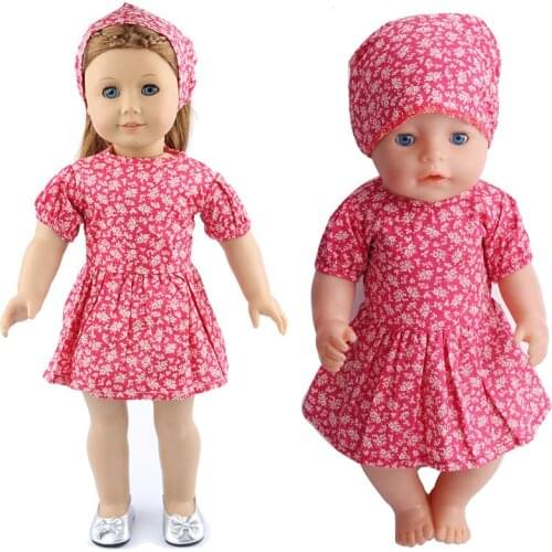 Red Print Dress + Square Scarf Set Fit 43cm Baby New Born,42cm Nenuco,18inch Girl Doll Clothes Accessories
