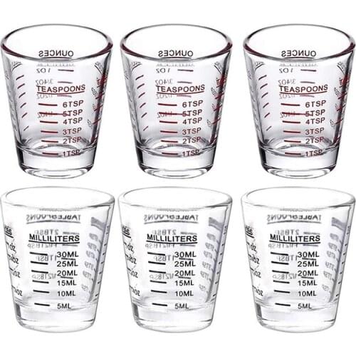 6Pcs Measuring Cup Espresso Shot Glass Liquid Heavy Glass Wine Glass 26-Incremental Measurement 1Oz, 6 Tsp, 2 Tbs, 30Ml