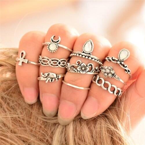 Fashion cheap jewelry 10PCS/LOT Bohemian Midi Ring Set Vintage Steampunk Elephant Moon Anillos Ring Knuckle Rings for Women