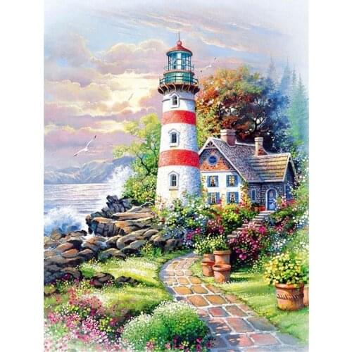 5D Poured Glue Diamond Painting Kits Scalloped Edge Lighthouse landscape Adults Full Round Mosaic DIY Crystal Embroidery Decor