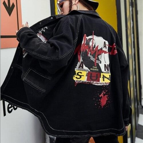 2020 New Women Spring Single Breasted Printed Jean Jacket Street Style Hip Hop Bomber Denim Coat Black Boyfriend Outerwear L XL