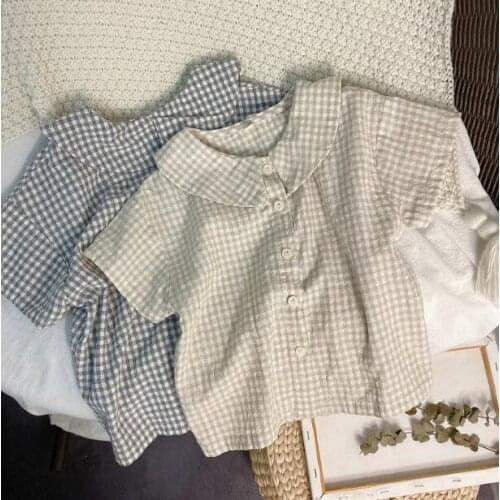 2021 new girls boys plaid shirt cotton linen summer short sleeve kids top