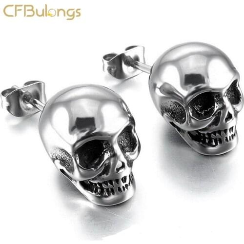 CFBulongs New Store Hot Sale Men Skull Earrings Cool Silver Color Jewelry Punk Hip Hop Vintage Stainless Steel Women Earrings