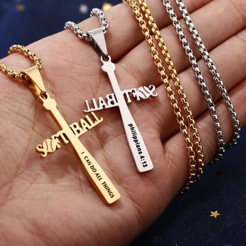 New Stainless Steel Necklace Softball Bat Cross Pendant, I CAN DO All Things Strength Bible Verse Gifts