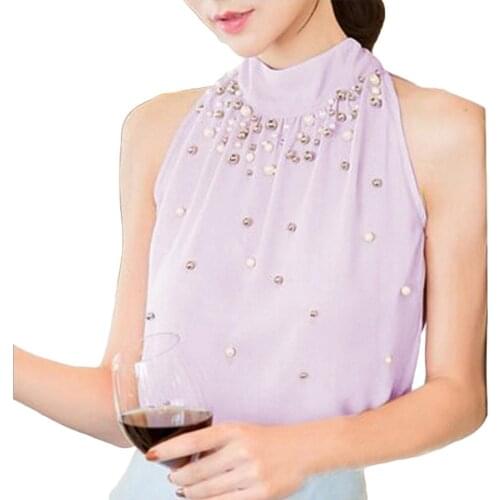 Stylish Women Solid Color Sleeveless Mock Neck Halter Blouse Beads Chiffon Top