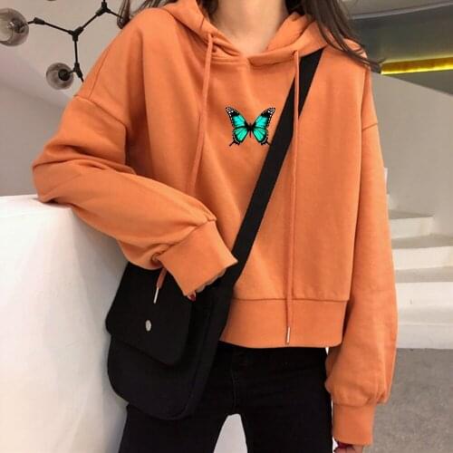 Crop Hoodies Sweatshirts Women Sexy Harajuku Cotton Thin Coat Butterfly Short Hooded Sweatshirt Korean Fashion Moletom Feminino