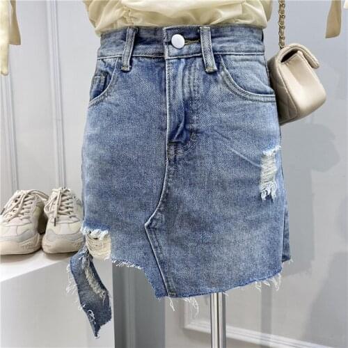 Irregular Frayed Edges Denim Skirt Women Anti-Exposure Package Hip Short Skirts 2020 Summer Girls Ladies Hole Ripped Jean Skirt