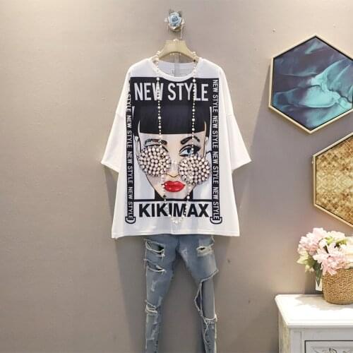 Summer Loose T-Shirts Women Cartoon Sequins Pearls Beaded Ladies Print Tops Letters High Street Oversize Lady Party Tees NS839