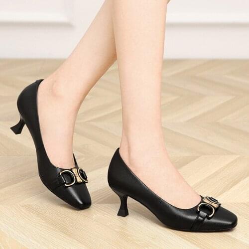 Womens shoes 2021 new mid-heel pumps Shallow ladies fashion shoes Square Toe banquet dress shoes Thin Heels Genuine Leather