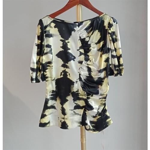 Ladies Round Neck Curved Tailoring Pinch Pleated Short Sleeve Silk Shirt Top