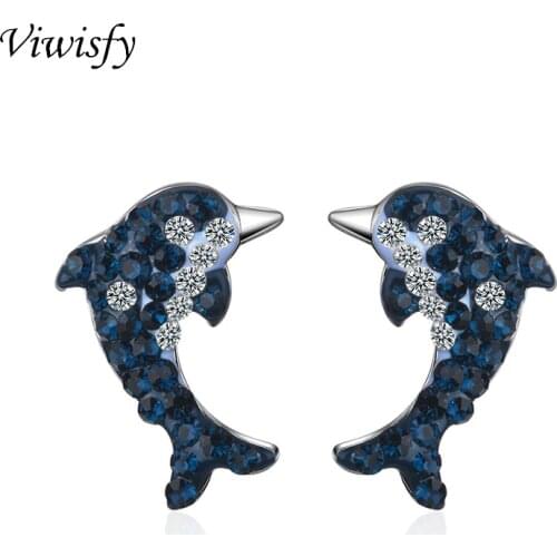 Viwisfy Cute Dolphin Studs Crystal Jewelry Wedding Solid 925 Sterling Silver Earrings For Women VW21070
