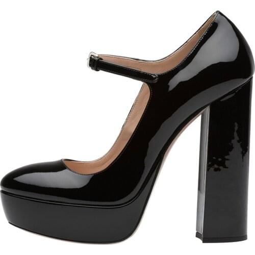 ENMAYER Women Patent Round Toe Platform Sky High Mary Janes Pumps Ladies Evening Dress Heels Chunky Heel Summer Autumn Shoes