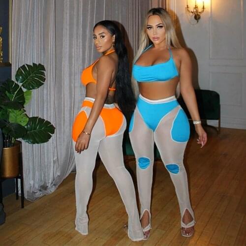 Angels Secret 2021 Sleeveless Halter Backless Sexy Crop Top Leggings 2 Pieces Set Summer Women Mesh Patchwork Tracksuit AG31250