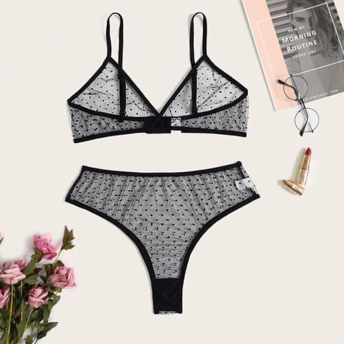 Newest Arrival Womens Underwear Two Piece Set Bikini Style Strap Bra Dot Mesh Perspective Pantie for Female Exotic Sets
