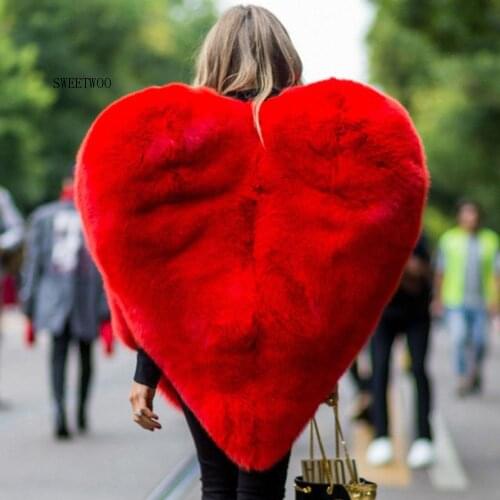 3D Red Love Heart Shaped Cape Faux Fox Fur Thick Warm Women Long Coat Jacket Outerwear Winter