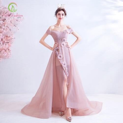 SSYFashion New Sweet Pink Evening Dress Boat Neck Lace Flower Beading Long Formal Prom Gowns Vestidos De Fiesta De Noche