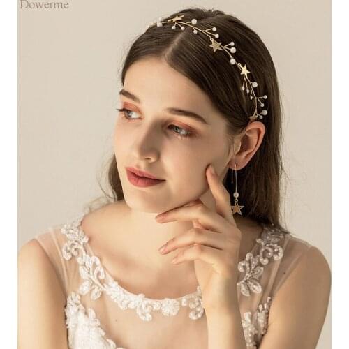 Gold Star Bridal Headband Tiara with Earrings Pearls Women Jewelry Handmade Wedding Accessories Headpiece