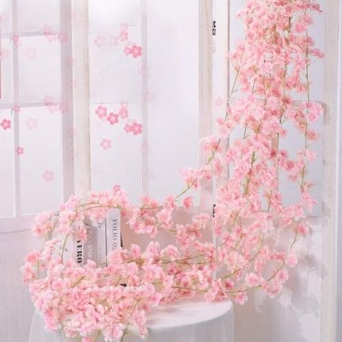 2PCS 1.8M Artificial Cherry Blossoms Flower Vines Party Supplies Garland Silk Fake Cherry Flower Rattan Wedding Home Decor