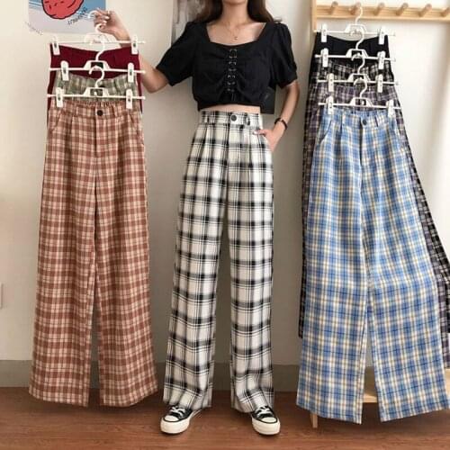 Womens Plaid High Waisted Straight Leg Pants Trousers Fashion Korean Style Wide Leg Harajuku Baggy Black High Waisted Vintage