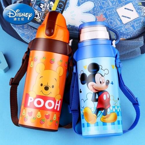 Disney 500ML Childrens Double Lid Feeding Thermos Cup Stainless Steel with Straw Baby Kettle Insulation Vacuum Flask for Kids