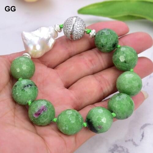 GuaiGuai Jewelry 8" Natural Faceted Red Green Ruby Zosite Real Gems White Keshi Pearl Bracelet For Women