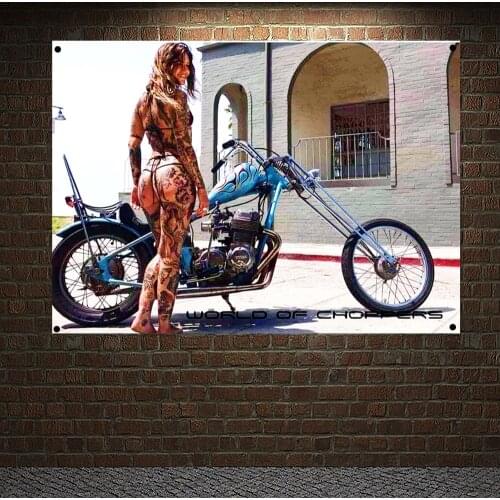 Sexy Girl Nude Art Posters Wall Chart Moto Lady With Tattoos Banner Flag Wall Hanging Motorcycle Poster Vintage Interior Decor