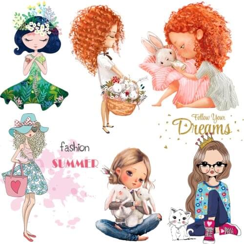 Fashion Cartoon Little Girl Thermo Stickers On Clothes Iron On Transfer Patches For Clothing Women T-shirt Appliques Accessories