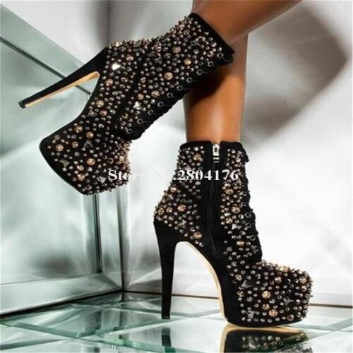 Newest Charming Silver Gold Metal Studs High Platform Stiletto Heel Short Boots Round Toe Black Rivet High Heel Ankle Booties