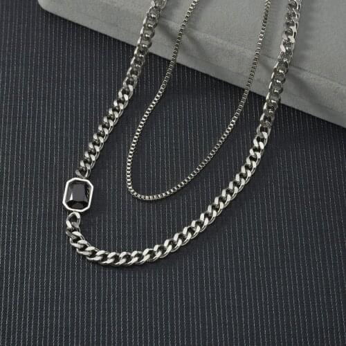 Stainless Steel Black Zircon Double Couples Necklace Sliver Color Pendant for Women Man Charms Geometric Party Jewelry Gifts