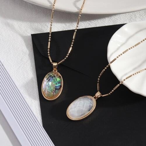 Fashion Geometric Oval Abalone shell Pendant Necklace White shell Long Chain Sweater Necklace Women jewelry