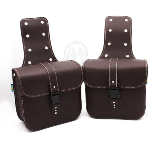 Retro Brown PU Leather Saddle Bag Motorcycle Luggage Left+Right Side Tool Bag Quick Release Buckle for Honda Harley Cafe Racer