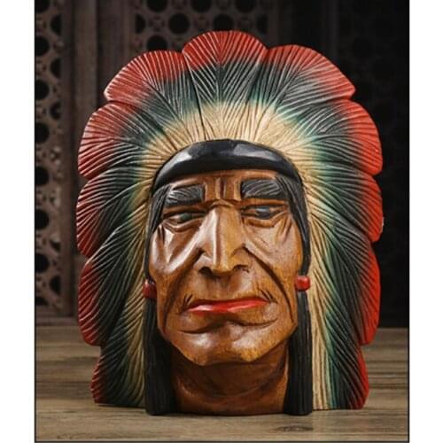 Solid wood carving Thai wood Indian chief Display a handicraft figure head Statue art Sculpture Crafts home decoration home