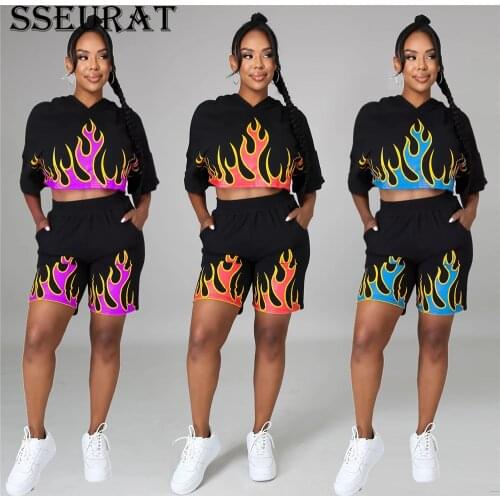SSEURAT Women Set Flame print short-sleeved hooded top and shorts 2 pieces set Fashion Tracksuit Summer Casual Outfit 2021