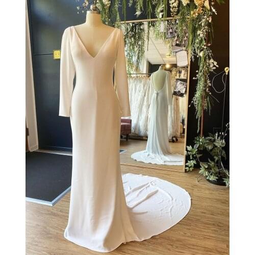 Crepe Bidal Wedding Dress 2021 Column vestidos de novia with Long Sleeves Deep V-Neck Open-Back robe de soirée de mariage