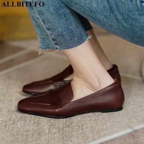 ALLBITEFO comfortable soft genuine leather low heel shoes spring fashion casual office work walking shoes women heels shoes