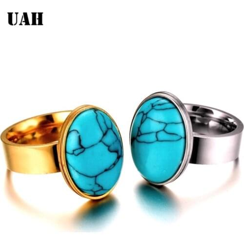 UAH Bohemia Vintage Natural Stone Open Ring Blue turquoises Sea Opal Finger Men lady Stainless steel Rings Dropshipping
