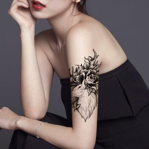 Waterproof Temporary Tattoo Stickers Cute Elk Black Antlers Flowers Leaves Fake Tattoos Flash Tatoo Arm Body Art for Women Men
