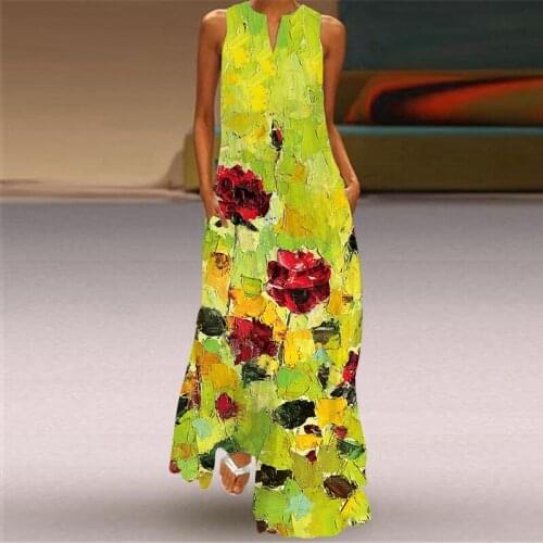 Vintage Printed Women Maxi Dresses Sleeveless V Neck Vocation Style Dress 2021 Summer New Colorful Print Fashion Design Dresses