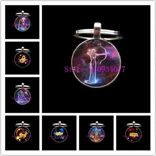 12 Constellation Sign Double Keychain Glass Cabochon Jewelry Pendant Scorpio Leo Pisces Zodiac Keyholder Couple Birthday Gift