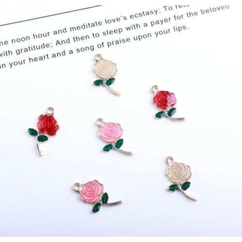 20PCS/Lot Newest Fashion Jewelry Valentines Day Metal Charms Romantic Rose Flower with Gree Leaves Oil Enamel Charms