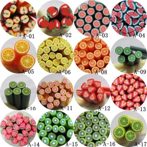 5pcs/lot 5mm*5CM Fruit Series Polymer Clay Cane Fancy Apple Watermelon Lemon Orange Strawberry Kiwi A01-17