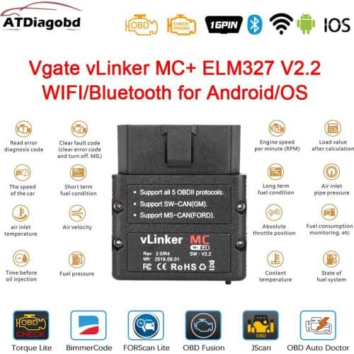 Original Vgate vLinker MC+ ELM 327 V2.2 Bluetooth 4.0 WIFI ELM327 For Android/IOS Scanner OBD 2 OBD2 Car Diagnostic Auto Tool