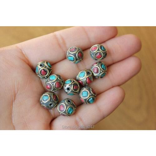 BD126 Nepalese Handmade 10mm Ball Beads Tibetan Brass Coral Stone Round Shape Loose Beads Spacers Beads 10 Beads Lot