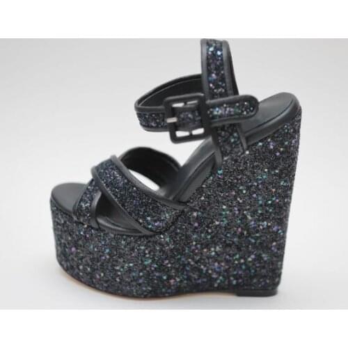 Carpaton Bling Bling Glitter Embellished Platform Wedge Sandals Woman Summer Open Toe Leather Shos Buckle Strap Sexy Dress Heels