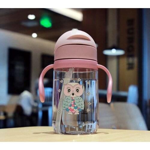 420ml Cartoon Animal Pattern Baby Drinking Bottle with Straw Outdoor Travel Portable Handle Kids Drinking Cup Bottle