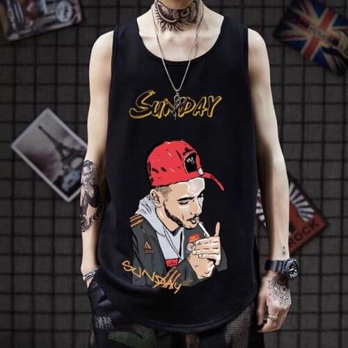 Summer European and American street hip hop large vest mens leisure sports loose sleeveless T-shirt bottom