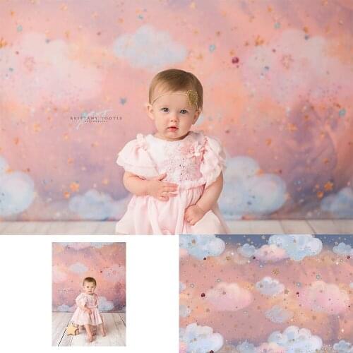 White clouds pink newborn kids photography backdrop portrait photo booth background studio photocall 1st birthday cakes